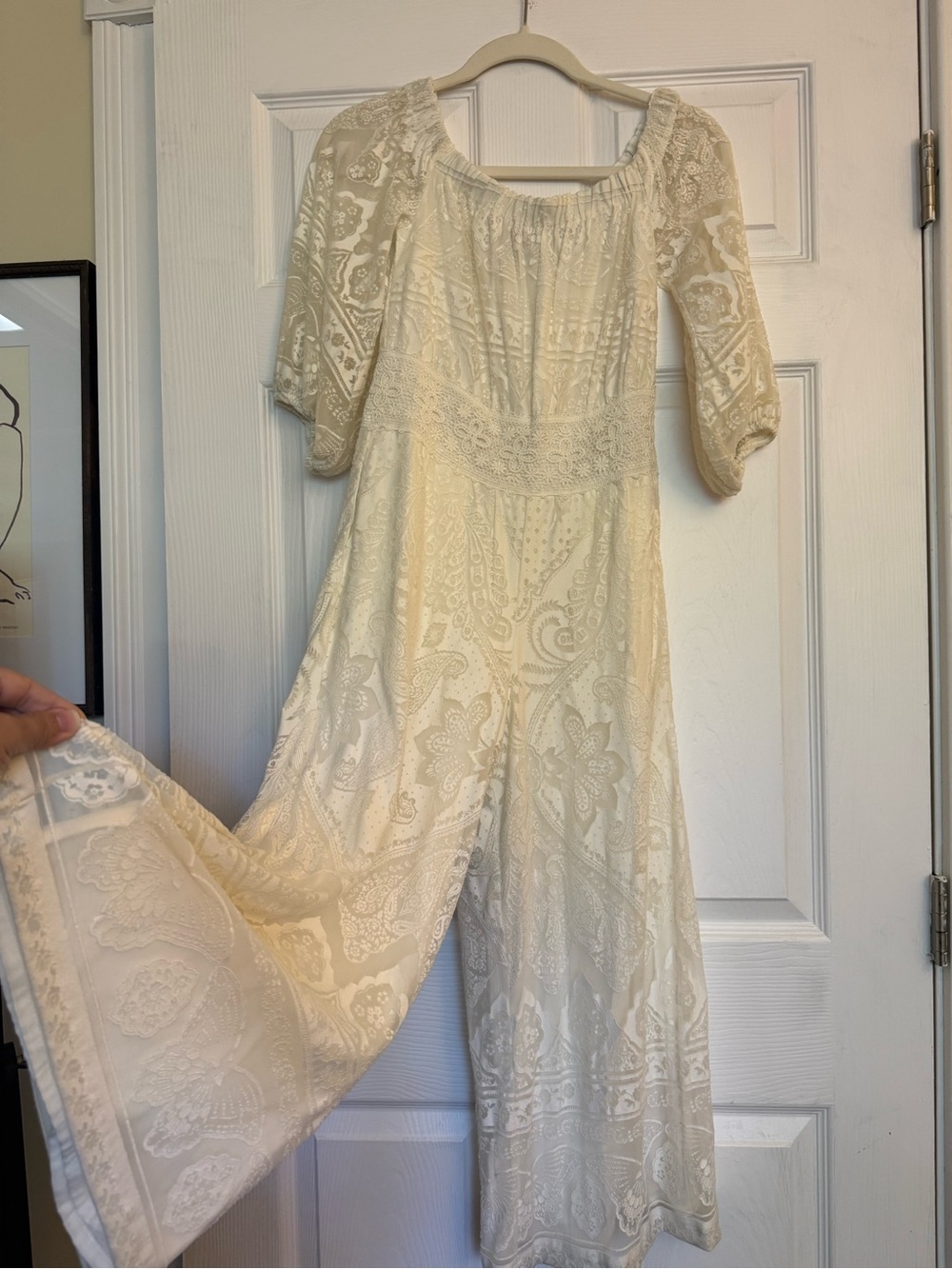 Farm Rio for Anthropologie Cream Lace/Off Shoulder Jumpsuit
